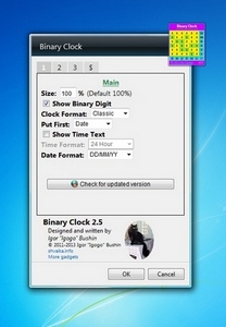 Binary Clock 2.5 gadget setup